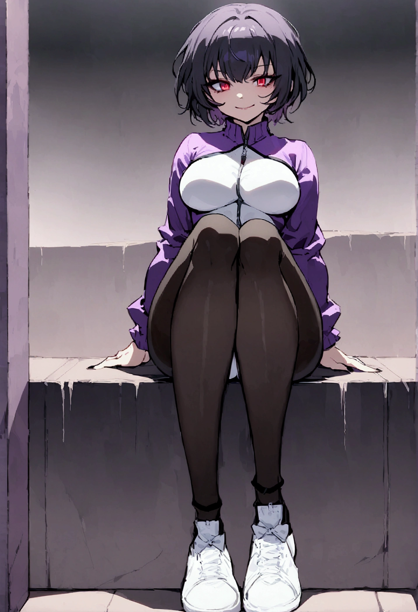 beautiful young fitness woman with , in a gym wearing May with black pantyhose, tight white and purple gym jacket. standing alone,red eyes glowing,Evil smile,legging preto ,labiaa,dark eye shadow,shining eyes,hand on knees,a little lowered,neckleace,jacket zipper half open,Tight black shirt,white sports tennis shoes,short hair with purple details,beautiful curves,whole body,hair with purple details,labiaa,detailed face and eyes,work of art,sexy look