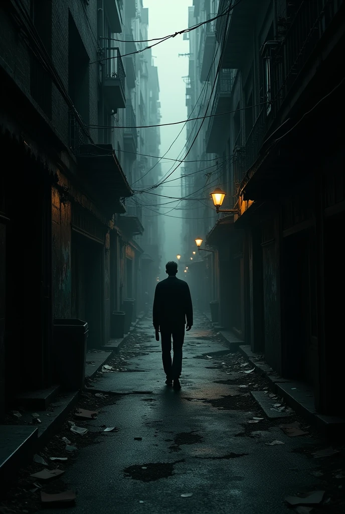 Dark alleyway of city , a man