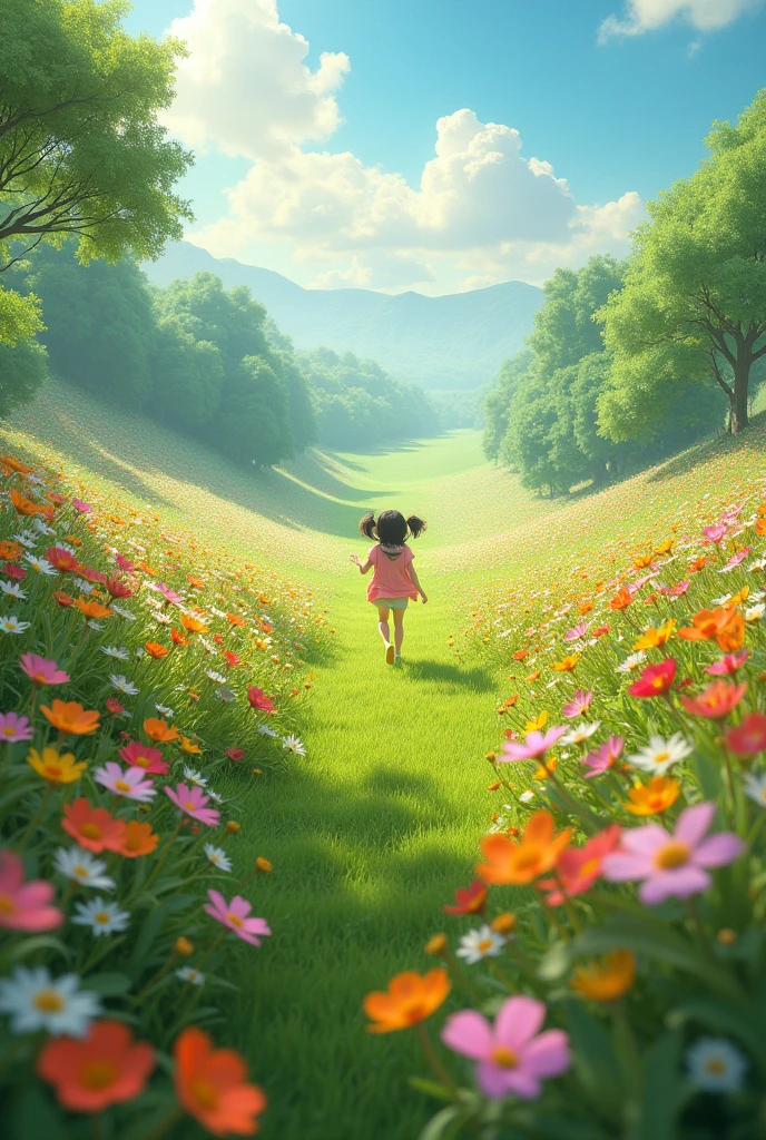 A greeny landscape with ocean of flowers and the ambience is so light and peaceful where a girl running in the midst of it. The point of view of this landscape is up in the sky like a drone