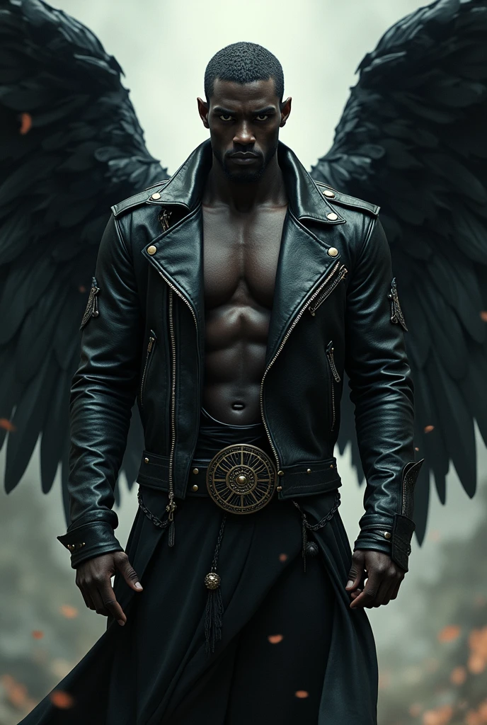 a beautiful handsome black man, muscular, naked, large white feathers drifting down, winged arms, a fallen angel, full body image, low angle view
