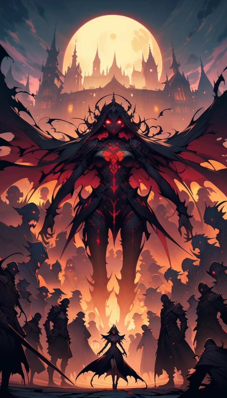 ((best quality)) , ((masterpiece)) , (detailentasy illustration of an enormous wasp with glowing eyes, surrounded cheering people in the style of magic The gathering card art. In front is a large yellow moon over a fantasy town background. Vibrant colors are used.，(((Gothic style， Dark, mysterious, haunting, dramatic, ornate, detailed)))