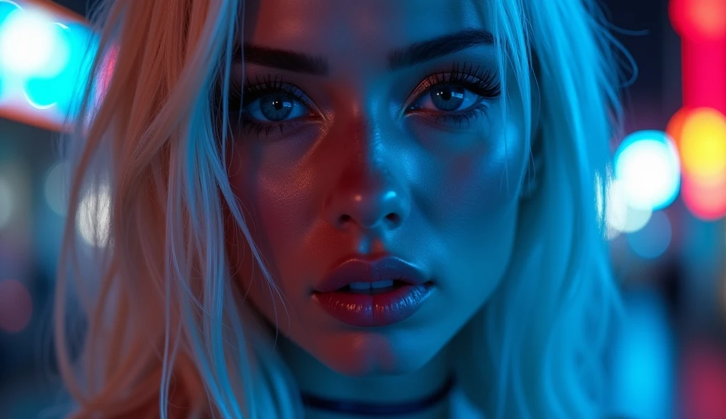 ((best quality)), ((​masterpiece)), (detailed), ((background Cyber)), wet look, ((blond long Hair)), ((Intricate detailing, in the night time, Contre-Jour, random neon color, View from afar, random pose, blue latex bodysuit, face focus, hell picture, light face, big boobs)), (face brightly lit), ((full body view)), 8k