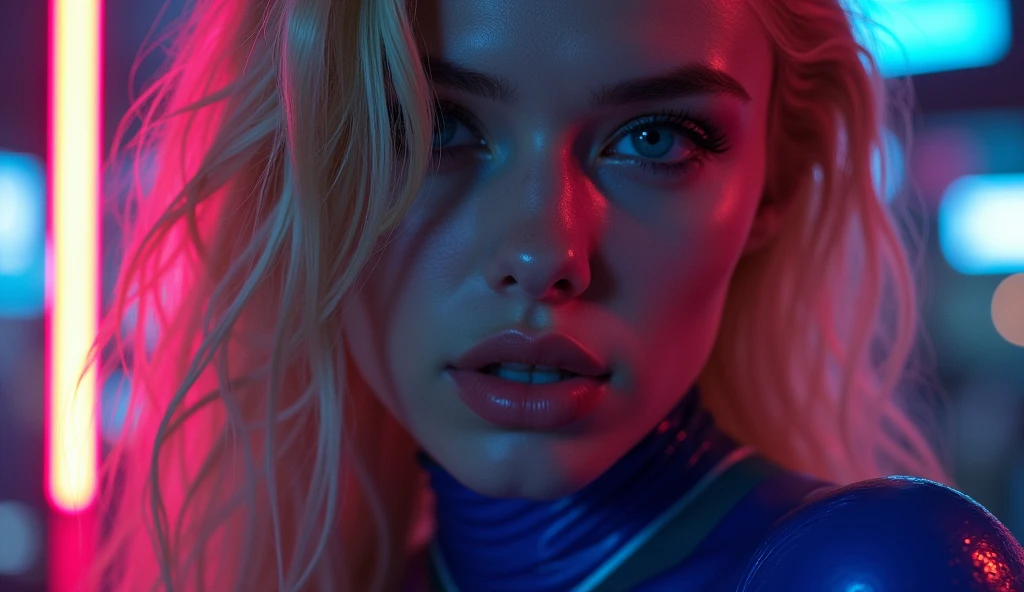 ((best quality)), ((​masterpiece)), (detailed), ((background Cyber)), wet look, ((blond long Hair)), ((Intricate detailing, in the night time, Contre-Jour, random neon color, View from afar, random pose, blue latex bodysuit, face focus, hell picture, light face, big boobs)), (face brightly lit), ((full body view)), 8k