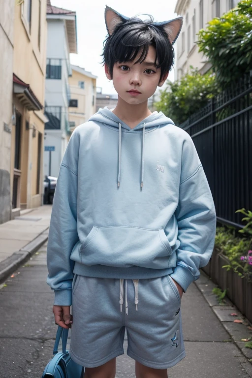 Create a boy with a light blue sweatshirt and strong blue shorts, white cat ears and a white tail, with short black hair