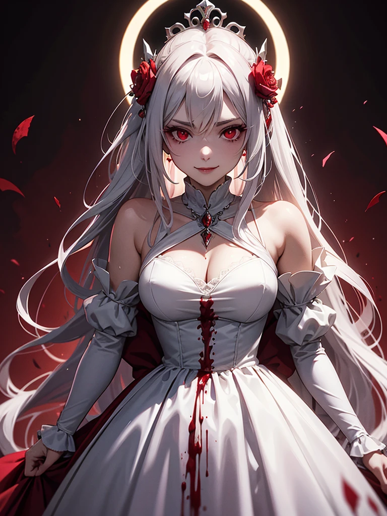 woman, red eyes, white long wavy hair, noble, like prince, sadistic smile, queen. her front hair is tied up. her. where dress like princess or queen. she sadistic and cruel women. like a strong Knight women. like fallen angel. she is the evil queen. wearing flowers on her head. her dress is stained with blood. she is vampire. background in mansion