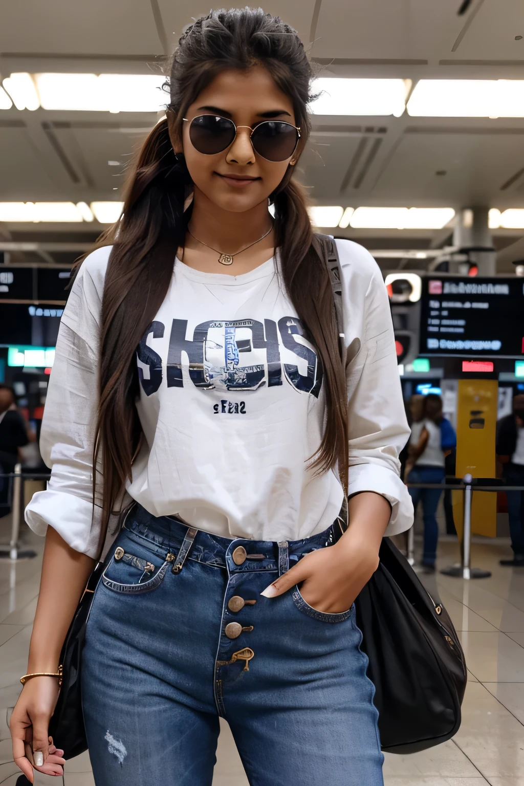 A 21 year old beautiful Indian girl with long hair smiling face beautiful eyes wearing a shirt with button coller and jeans pant gangster look badass style  ponytail hairstyle wearing sunglasses in eyes standing inside airport
