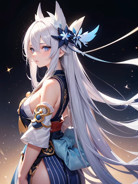 (Very delicate), (Concentrate), (high resolution), (((Silver hair with gradient stripes and a light blue tail))), one, cute beauty, alone, Fine facial texture, ((light blue eyes)), thin eyebrows, Long upper eyelashes, double eyelid, upper eye, (very detailed eyes), sexy lips, lip detail, White skin, sensitive skin, Deformed depth of field background blurred, (detailed background), Perfect Layer Cut, (full body shot/cowboy shooting/side view), wallpaper, glitter, complicated, familiar, ((onmyoji)), particle, constellation, star dust, pentagon, God's Formula, (((talisman))), occult, peaceful, japan, Black color, White kimono, luck, time and space, order, ((Yin Yang Liao)), ((japan宮廷)), artistic, 8k