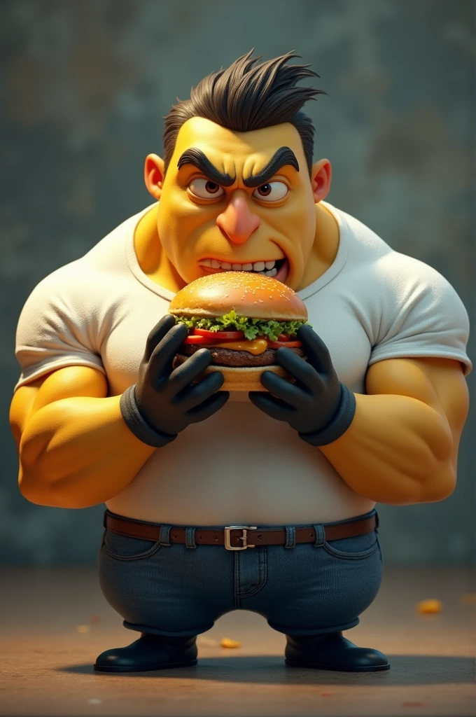 Cool pumped up strong jock minion in a white T-shirt and with a stern look eats a burger
