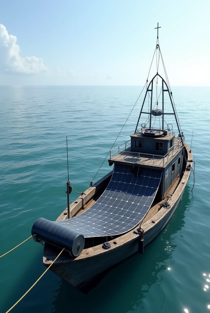 Generate flexible solar panel attached to a side of fishing boat in sea rollable mechanism solar panel which is floating on the sea cylinder part is for solar panel rolled up.