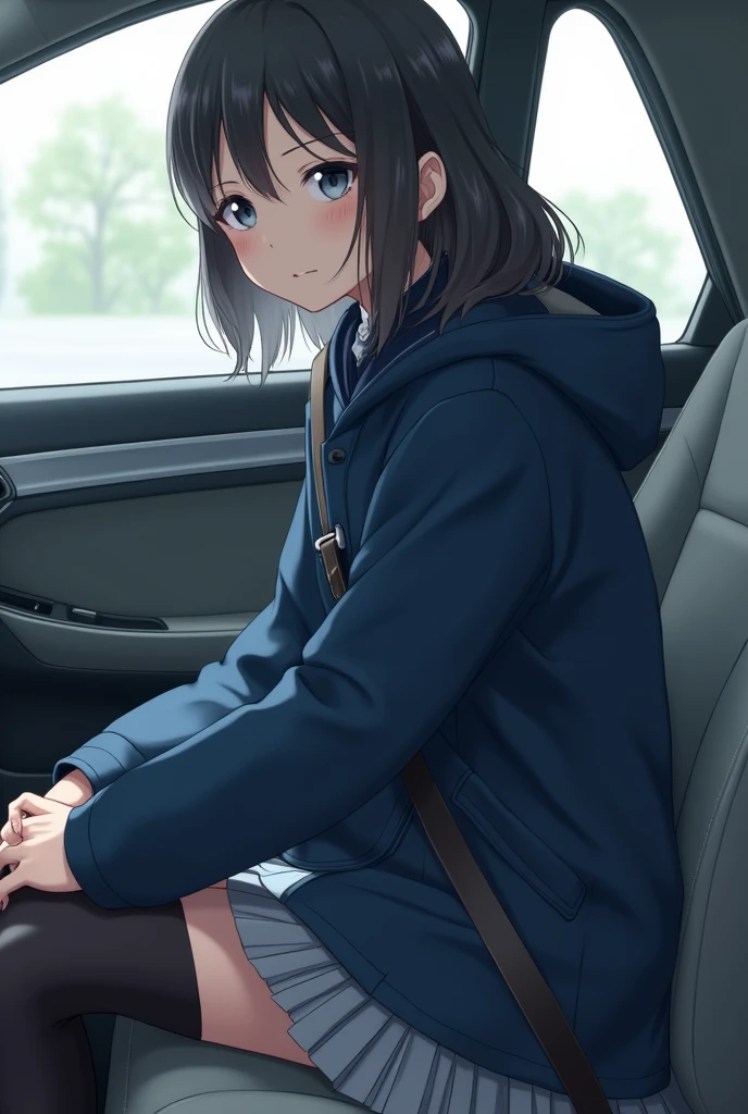 Full body shot of school girl sitting in the passenger seat of a japanese car with a seatbelt looking at me, placing her hands on her knees, wearing a dark blue duffle coat and grey pleated skirt and black tights, in the style of sōsaku hanga, grey academia, soft, palewave, dark azure and gray, multiple styles, mamiya rb67