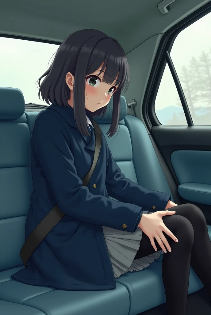 Full body shot of school girl sitting in the passenger seat of a japanese car with a seatbelt looking at me, placing her hands on her knees, wearing a dark blue duffle coat and grey pleated skirt and black tights, in the style of sōsaku hanga, grey academia, soft, palewave, dark azure and gray, multiple styles, mamiya rb67