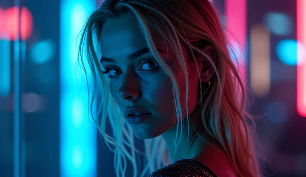 ((best quality)), ((​masterpiece)), (detailed), ((background Cyber)), wet look, ((blond long Hair)), ((Intricate detailing, in the night time, Contre-Jour, random neon color, View from afar, random pose, blue latex bodysuit, face focus, hell picture, light face, big boobs)), (face brightly lit), ((full body view)), 8k