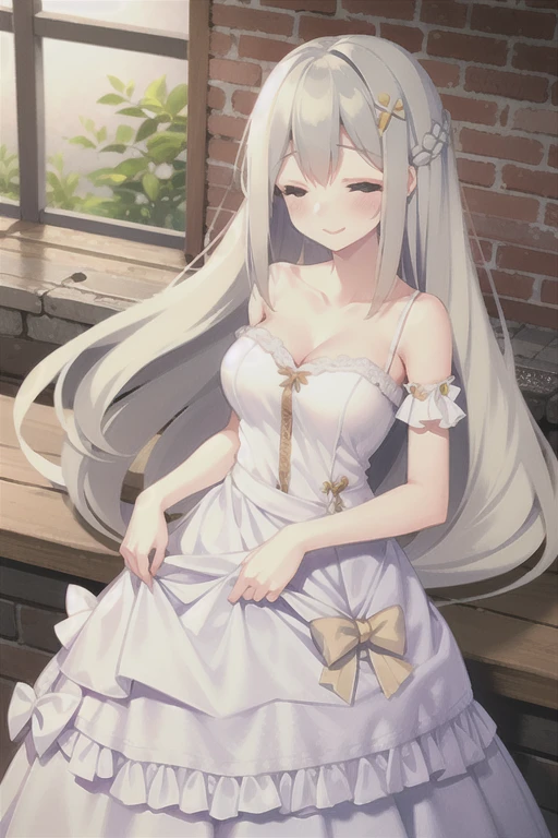 lexington \(warship girls r\),((Best quality))), ((Ultra-detailed)), ((illustration)), ((Disheveled hair)), ((frilld)), (1 girl), (Solo),,1girl,bangs,blurry,bow,brick_wall,closed_eyes,closed_mouth,collarbone,dress,hair_flaps,indoors,long_hair,photo_(medium),smile,solo,white_dress,rating:safe,Princess_dress,, flaxen long hair(delicate hair),