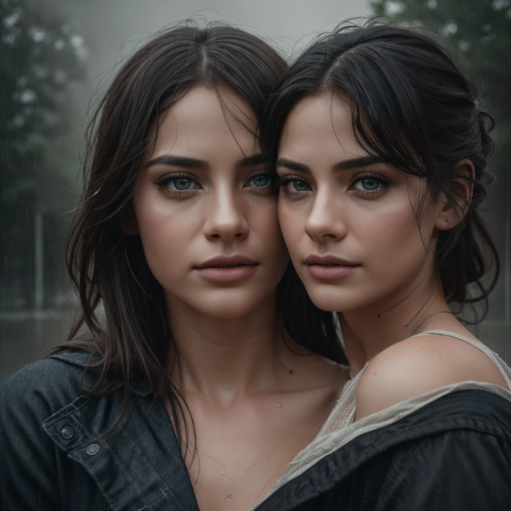 A romantic portrait of a young couple, beautiful detailed eyes, beautiful detailed lips, extremely detailed eyes and face, longeyelashes, lovers in the rain, sweeping dramatic lighting, vibrant colors, cinematic, watercolor painting, dramatic lighting, moody atmosphere, weathered textures, (best quality,4k,8k,highres,masterpiece:1.2),ultra-detailed,(realistic,photorealistic,photo-realistic:1.37),dramatic cinematography,atmospheric,emotional,tender,rainy day,intimate,loving,warm color palette