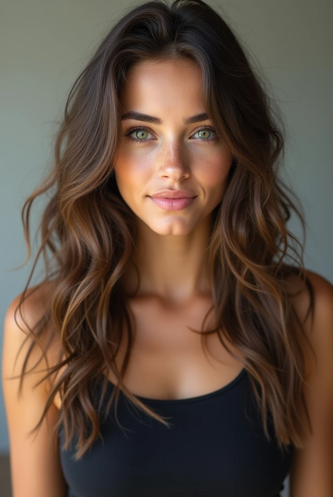 Beautiful girl with wavy long hair, sport clothes. With a black legging. The photo might be taken so we only see her face like a passport photo. She got long hair and it is curvy. She has green/grey eyes. and big lips. She has a tanned skin and looks cute