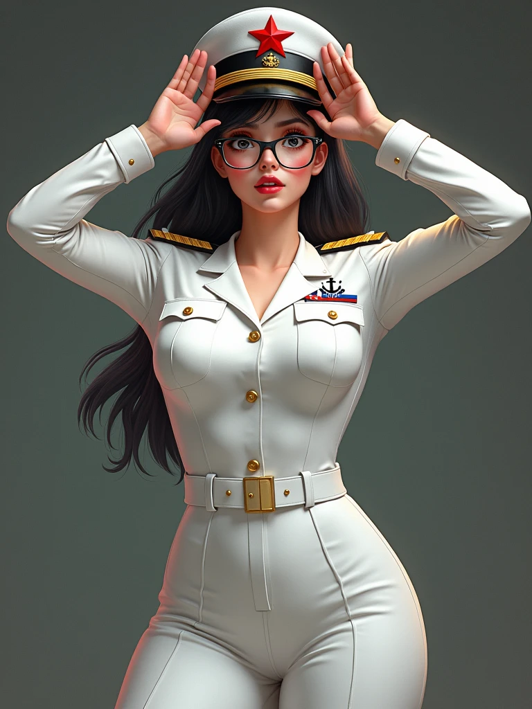 A female soldier wearing a white tight-fitting uniform and white tight-fitting military pants raised her hands in surrender。She wears a pair of big-framed glasses,There is a striking red star on the hat,Gold shoulder and collar badges。Navy anchor logo on the right chest。Highlight the sexy and plump figure of female soldiers,And her frightened and charming expression。She raised her hands to the height of her hat,head slightly lowered。
