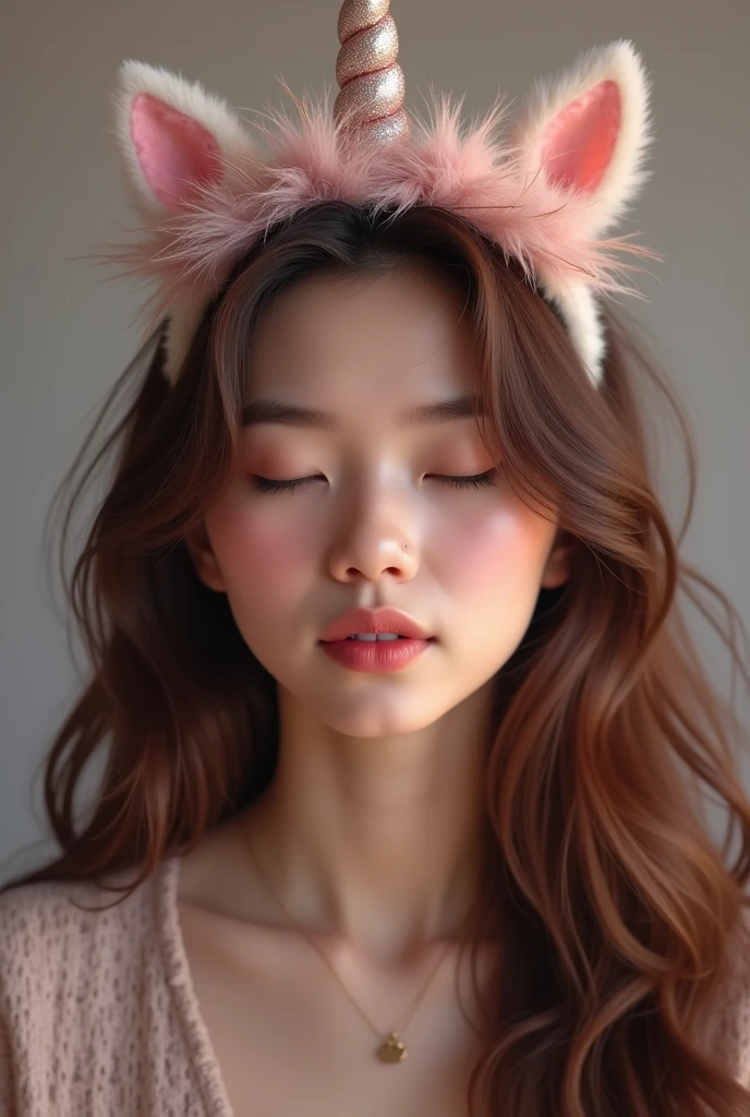 A thumbnail of a brown haired girl doing ASMR wearing a unicorn headband for a profile picture 