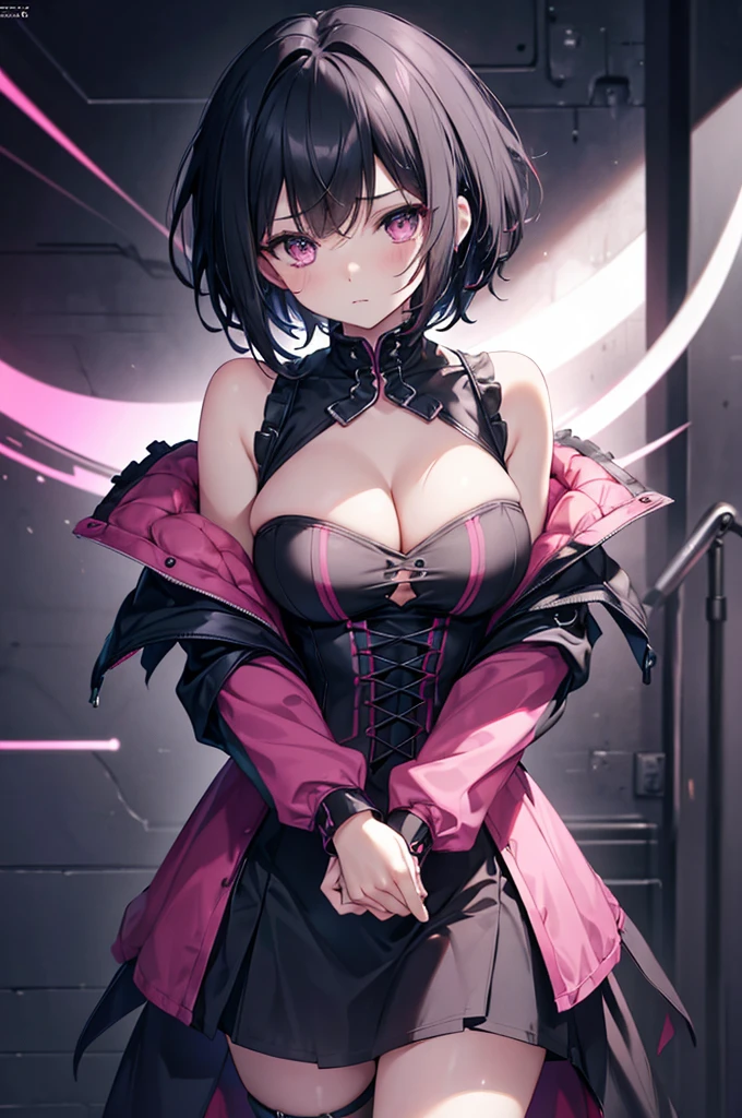 (((Cleavage))), black hair, pink clothes, girl, solo, adult, gothic, (((short hair))), quality\(8k,wallpaper of extremely detailed CG unit, ​masterpiece,hight resolution,top-quality,top-quality real texture skin,hyper realisitic,increase the resolution,RAW photos,best qualtiy,highly detailed, shoulder
