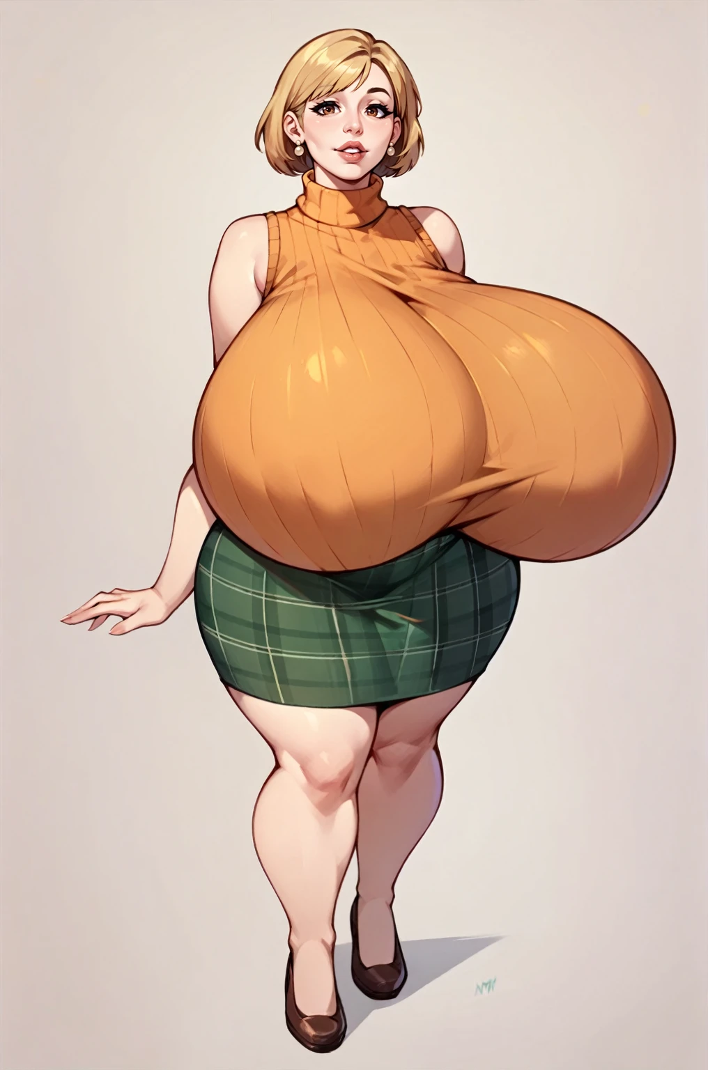 score_9, score_8_up, score_7_up, score_6_up, score_5_up, score_4_up, solo, thicc Ashely Graham from resident evil 4, ((mature mom)), short blonde hair, brown eyes, ((orange sleeveless turtleneck sweater with a burgundy sweater around her neck)), green plaid skirt, big thick full lips, ((pouted lips)), ((squinting eyes)), ((full body)), ((NSFW)), sexy, seductive, alluring, cute smile, joyful, ((fetish)), (((breasts expansion))), (((gigantic breasts))), sagging breasts, big nipples, wide hips, thick thighs, huge ass