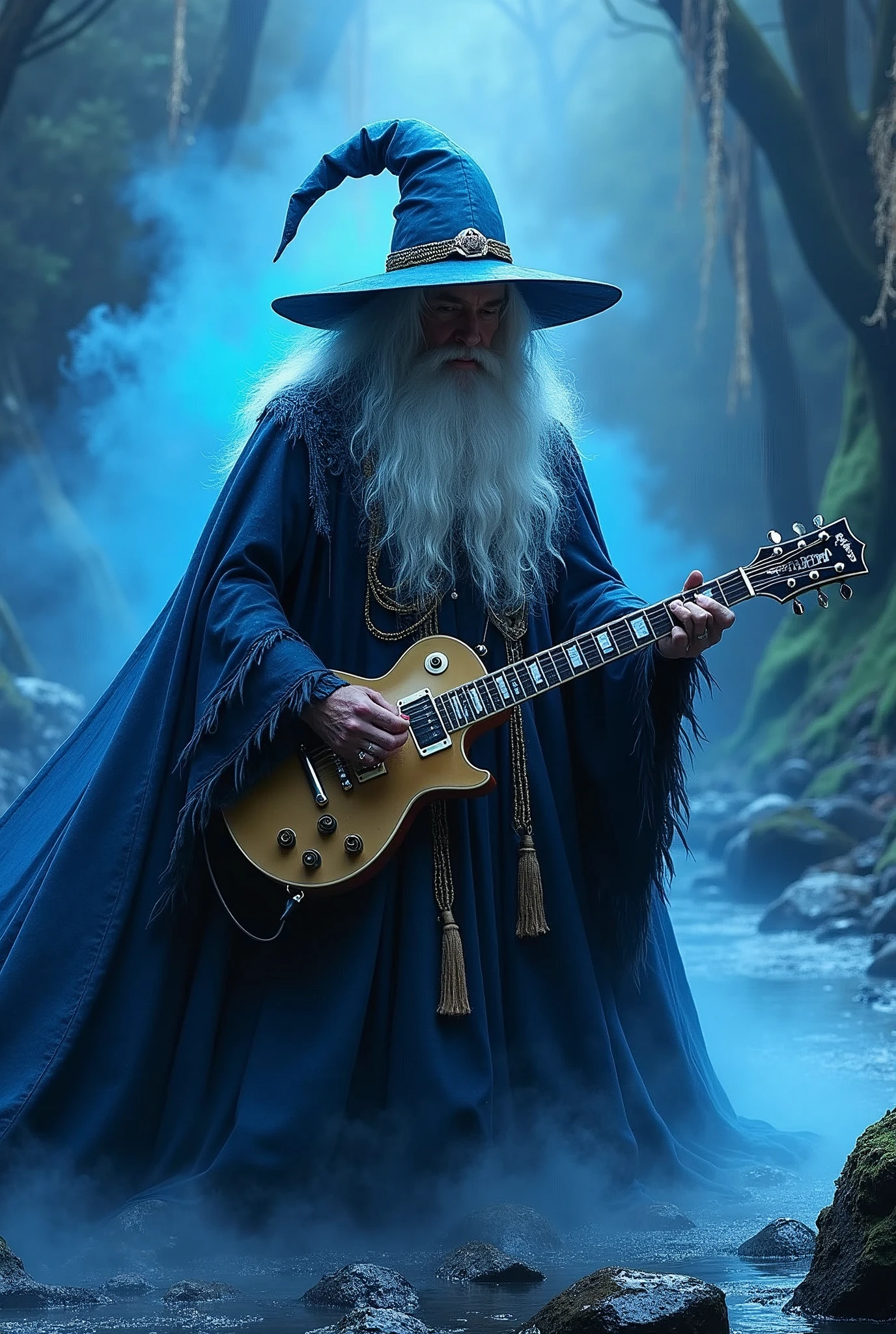 heavy metal wizard, electric guitar,gandalf, blue sulfur rivers