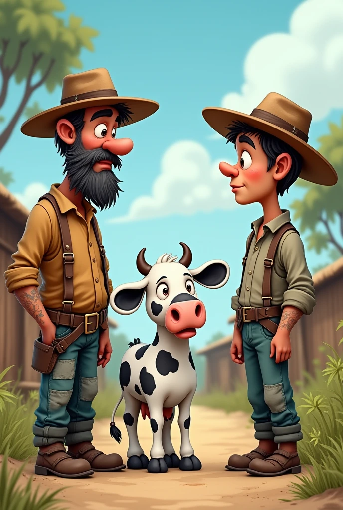 I need to cartoon poor, hardworking farmer and his friend. and white, black dots cow. Poor farmer and his frend important talking
