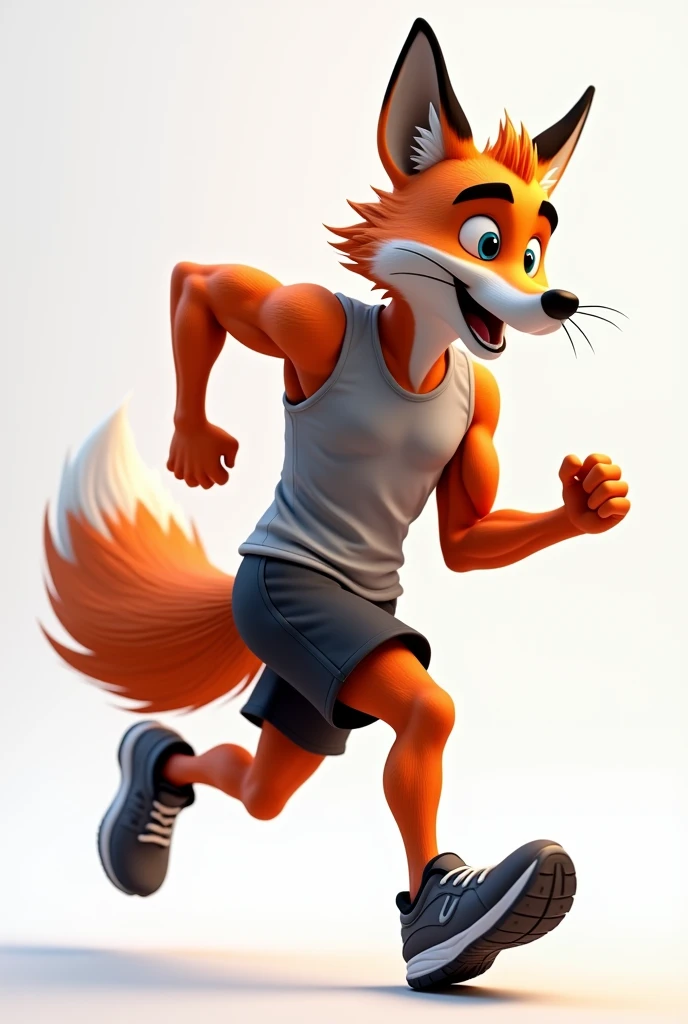 A realistic 3D cartoon muscular male fox, running wearing exercise clothes and running shoes 