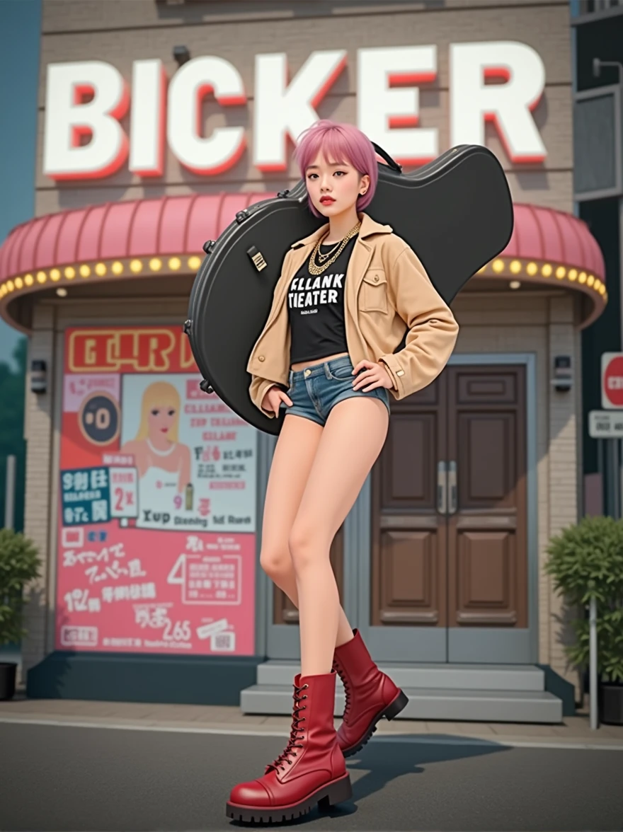 (((Japanese woman carrying a large black guitar case))), 26 year old adult woman wearing a black crew neck top with large English letters on her chest and short blue jeans posing for a photo, busty female porn actor, dynamic pose, model pose for rock music magazine, unimaginably beautiful woman with slender curves, Japanese female fashion model, (((very bright pink hair))), happy, thick chain jewelry around neck and arms, (((in front of a strip theater in Asakusa))), pure and beautiful smile, intelligent face, slender curves, big breasts, wearing a black t-shirt, a very small leather jacket, denim shorts, (((extreme low angle))), null, building, carrying a black guitar case with a guitar strap attached