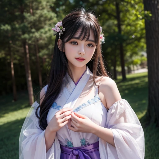 best quality, Delicate face，beautiful visual work, lifelike, eternity, black hair, Long curly hair, blunt bangs, Smile, Detailed Background, Delicate face，blush，cold，((masterpiece))、(top quality)、8k、high detail、Super detailed，31-year-old female，身穿唐制Hanfu、waist skirt, Clothes are light and fluffy，Hanfu, wide sleeves, Transparent sleeves, Long sleeve, Tunic, Clothes made of chiffon, masterpiece、born、Scenes resembling fairy tale illustrations、intricate details和複雜的設計、Beautifully、magic、capricious、 Beautifully、Dream aesthetics、「𝓡𝓸𝓶𝓪𝓷𝓽𝓲𝓬、ethereal、charming、fickle、magic」、realism、Visual effects、FXAA、SSAO、Shader、voiceless、ambient lighting、Tone mapping、High resolution、Ultra high quality、Million pixels、(8K resolution:1.10)、8k、8k以下、8K resolution、high detail、intricate details， (high quality:1.2、masterpiece:1.2、:1.21)、(31-year-old female:1.21)、(興奮地Smile)、(被dream般的氛圍所包圍、Model diagram，full-body shot，Normal 2 feet，Put your hands behind you，The protrusion of the breast is visible when wearing clothes, Large Breasts, H cup chest, antiquity, Xian Xia, gauze clothes, Soft and fluttering, Fairy, dream, fantasy, light, Elegant, nature, Immortal, romantic, classical, ribbon, light purple clothes，Behind the Forest