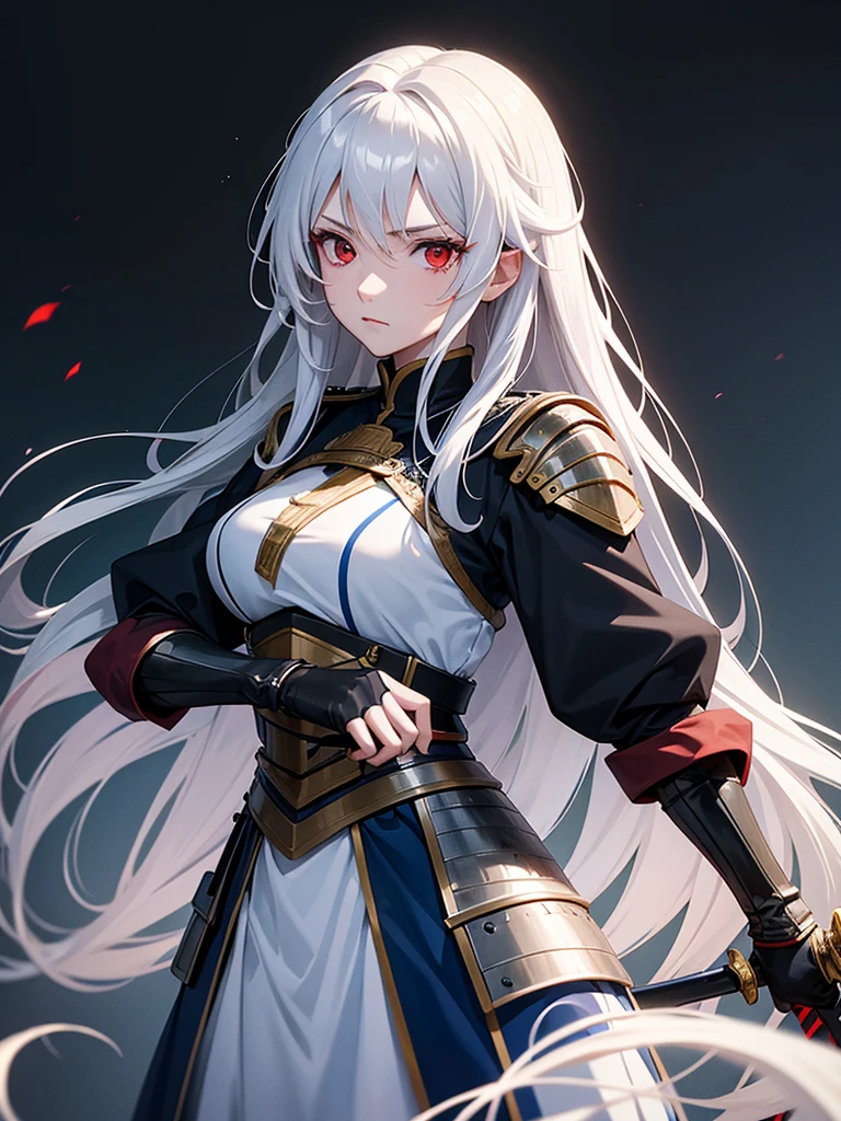 woman, red eyes, white long wavy hair, noble, wearing a black and blue uniform, fighting with a sword like a female knight