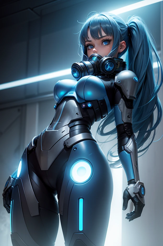 View from below angle from below girl mecha half cyborg, with long blue hair, with blue eyes, with a gas mask on his face, cybernetic suit blue, costume parts with blue lights and LEDs, a multitude of glowing blue lights, hands prosthetics, gorgeous figure, She is wearing short sports shorts that highlight her large wide hips., small breasts but they are covered by a mechanical suit, flat horizon photo, the background of the image contains a lot of blue lights and glare, and also blue fog and smoke