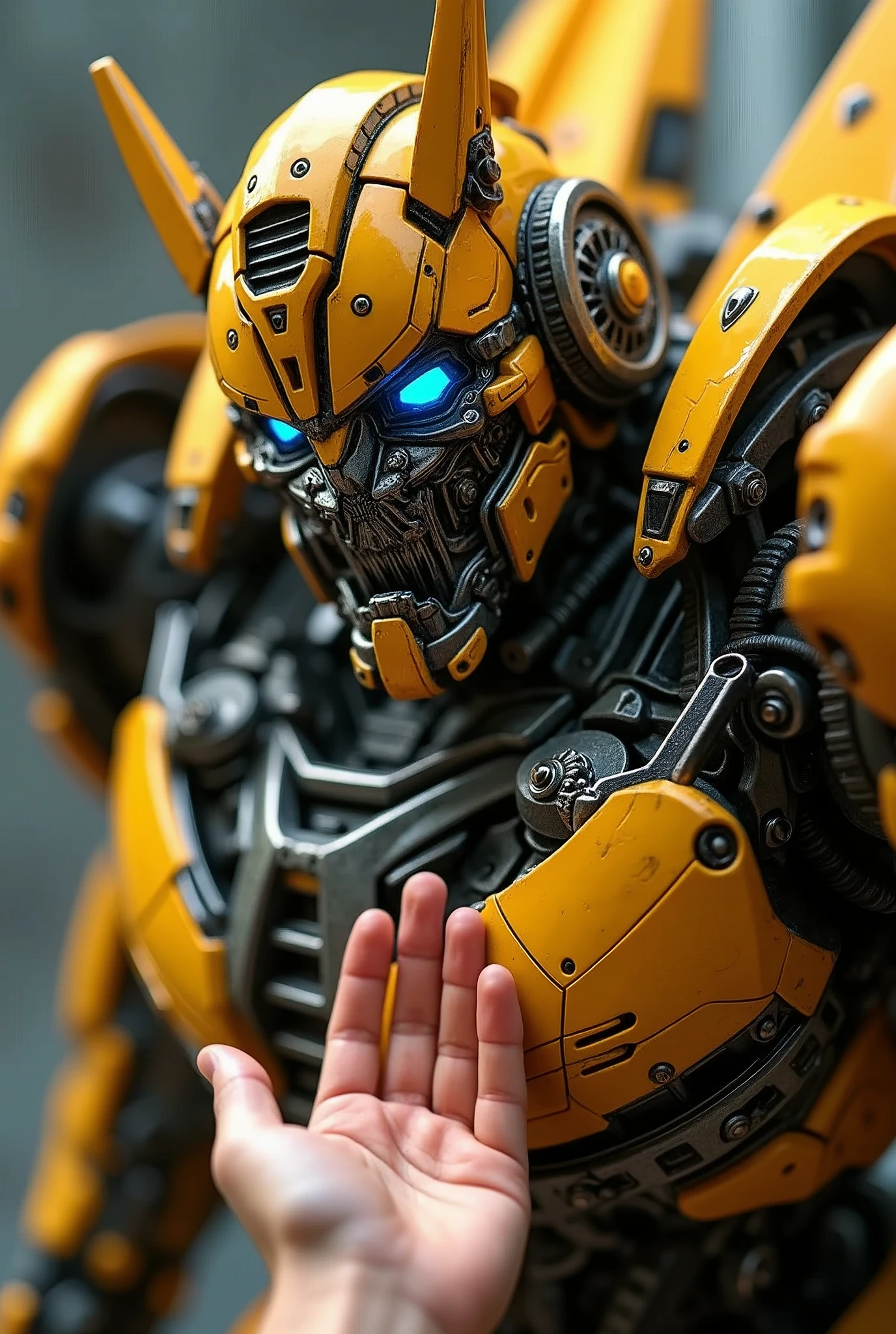 bumblebee transformer,detailed transformer robot,detailed mechanical design,highly detailed gears and machinery,intricate metallic textures,hand reaching out to transformer,human hand touching transformer,warm lighting,vibrant colors,cinematic dramatic lighting,epic dynamic pose,ultra-detailed,4k,8k,highres,masterpiece:1.2,ultra-detailed,realistic,photorealistic,photo-realistic:1.37