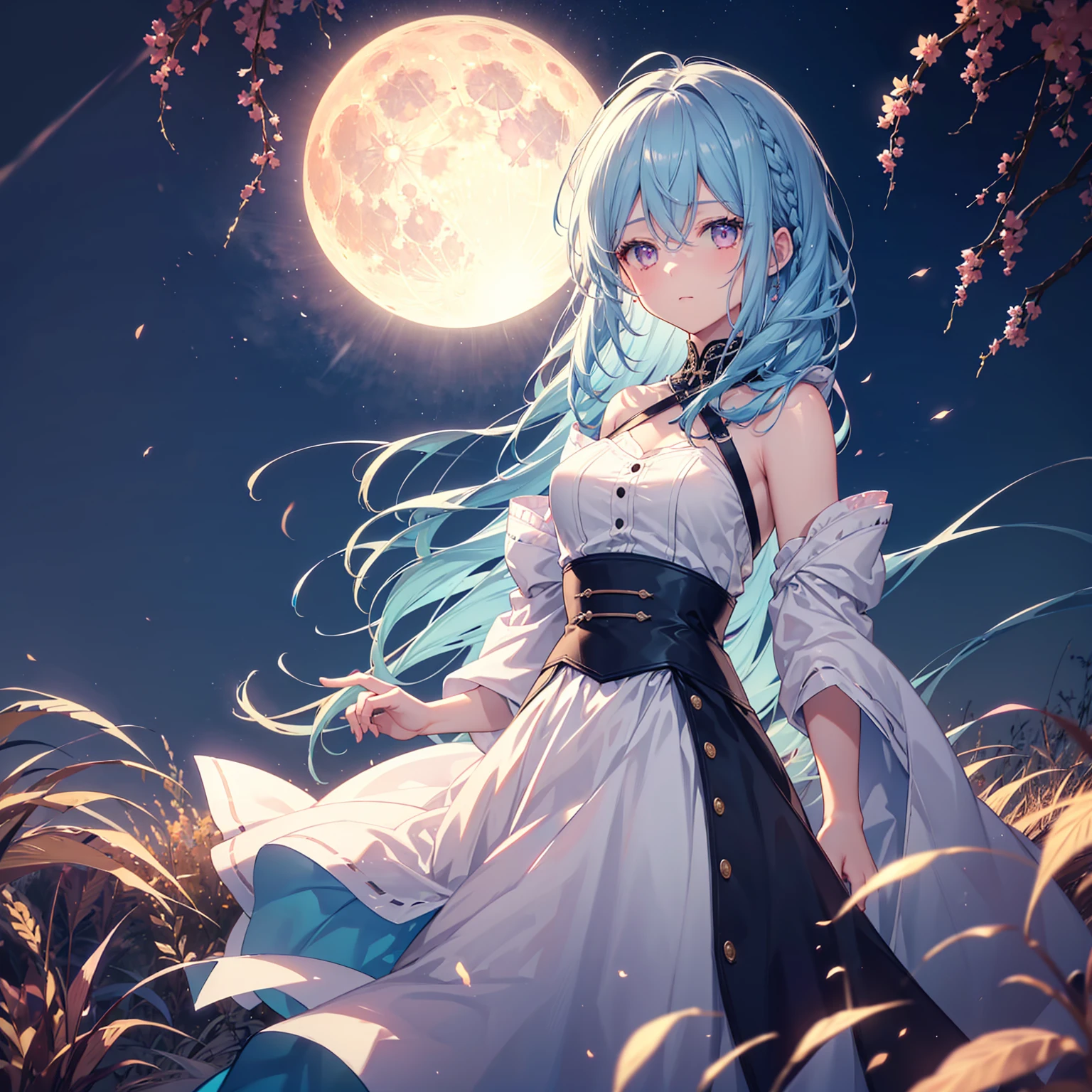 (Braiding),(Sky blue hair), (Pink eyes),(Fair skin) ,(whole body),(One Girl),(harvest moon),(A large amount of Miscanthus sinensis in the background),autumn,(full moon),(masterpiece, Highest quality, Very detailed, Best Shadow), (Detailed Background), (Beautifully detailed face), High Contrast, (Best lighting, Very delicate and beautiful), ((Cinematic Light)), Hyper Detail,8k, Dramatic Light, Intricate details