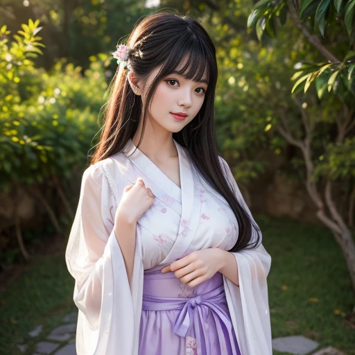 best quality, Delicate face，beautiful visual work, lifelike, eternity, black hair, Long curly hair, blunt bangs, Smile, Detailed Background, Delicate face，blush，cold，((masterpiece))、(top quality)、8k、high detail、Super detailed，31-year-old female，身穿唐制Hanfu、waist skirt, Clothes are light and fluffy，Hanfu, wide sleeves, Transparent sleeves, Long sleeve, Tunic, Clothes made of chiffon, masterpiece、born、Scenes resembling fairy tale illustrations、intricate details和複雜的設計、Beautifully、magic、capricious、 Beautifully、Dream aesthetics、「𝓡𝓸𝓶𝓪𝓷𝓽𝓲𝓬、ethereal、charming、fickle、magic」、realism、Visual effects、FXAA、SSAO、Shader、voiceless、ambient lighting、Tone mapping、High resolution、Ultra high quality、Million pixels、(8K resolution:1.10)、8k、8k以下、8K resolution、high detail、intricate details， (high quality:1.2、masterpiece:1.2、:1.21)、(31-year-old female:1.21)、(興奮地Smile)、(被dream般的氛圍所包圍、Model diagram，full-body shot，Normal 2 feet，Put your hands behind you，The protrusion of the breast is visible when wearing clothes, Large Breasts, H cup chest, antiquity, Xian Xia, gauze clothes, Soft and fluttering, Fairy, dream, fantasy, light, Elegant, nature, Immortal, romantic, classical, ribbon, light purple clothes，Behind the Forest