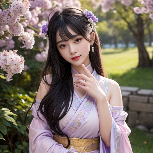 best quality, Delicate face,beautiful visual work, lifelike, eternity, black hair, Long curly hair, blunt bangs, Smile, Detailed Background, Delicate face,blush,cold,((masterpiece))、(top quality)、8k、high detail、Super detailed,31-year-old female,身穿唐制Hanfu、waist skirt, Clothes are light and fluffy,Hanfu, wide sleeves, Transparent sleeves, Long sleeve, Tunic, Clothes made of chiffon, masterpiece、born、Scenes resembling fairy tale illustrations、intricate details和複雜的設計、Beautifully、magic、capricious、 Beautifully、Dream aesthetics、「𝓡𝓸𝓶𝓪𝓷𝓽𝓲𝓬、ethereal、charming、fickle、magic」、realism、Visual effects、FXAA、SSAO、Shader、voiceless、ambient lighting、Tone mapping、High resolution、Ultra high quality、Million pixels、(8K resolution:1.10)、8k、8k以下、8K resolution、high detail、intricate details, (high quality:1.2、masterpiece:1.2、:1.21)、(31-year-old female:1.21)、(興奮地Smile)、(被dream般的氛圍所包圍、Model diagram,full-body shot,Normal 2 feet,Put your hands behind you,The protrusion of the breast is visible when wearing clothes, Large Breasts, H cup chest, antiquity, Xian Xia, gauze clothes, Soft and fluttering, Fairy, dream, fantasy, light, Elegant, nature, Immortal, romantic, classical, ribbon, light purple clothes,Behind the Forest