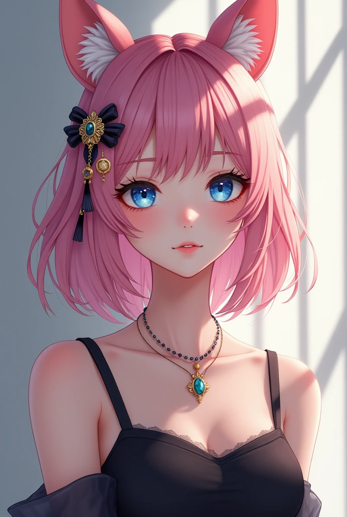Ultra-high resolution, Clear face, (Reality: 1.4), perfect lighting,(photorealistic), anime wallpaper, Guviz style artwork, fantasy to magic cover, beautiful artwork illustration, beautiful digital artwork, beautiful digital illustration , beautiful portraits, illustrations, delicate and beautiful, highly detailed, fine details, official art, highly detailed unity 8k CG wallpapers, highly detailed, high resolution, highly detailed, highly detailed eyes and faces, beautifully detailed eyes, cinematic lighting,1girl, solo, pink hair, hair ornament, Animal ears, jewelry Earring, blue eyes, black dress, standing upper body, indoor, simpel blackground,