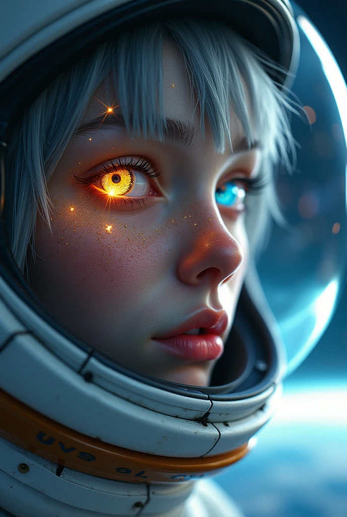 (Close-up of a better masterpiece:1.5)0.9], (Space and astronauts:1.2) (Messy silver hair:1.1) (Heterochromia xanthochromia and blue eyes:1.2) (Space Helmet:1.0) (Colored stars in the eyes:1.0) (A radiant glow:1.1) (thick lips:0.9)