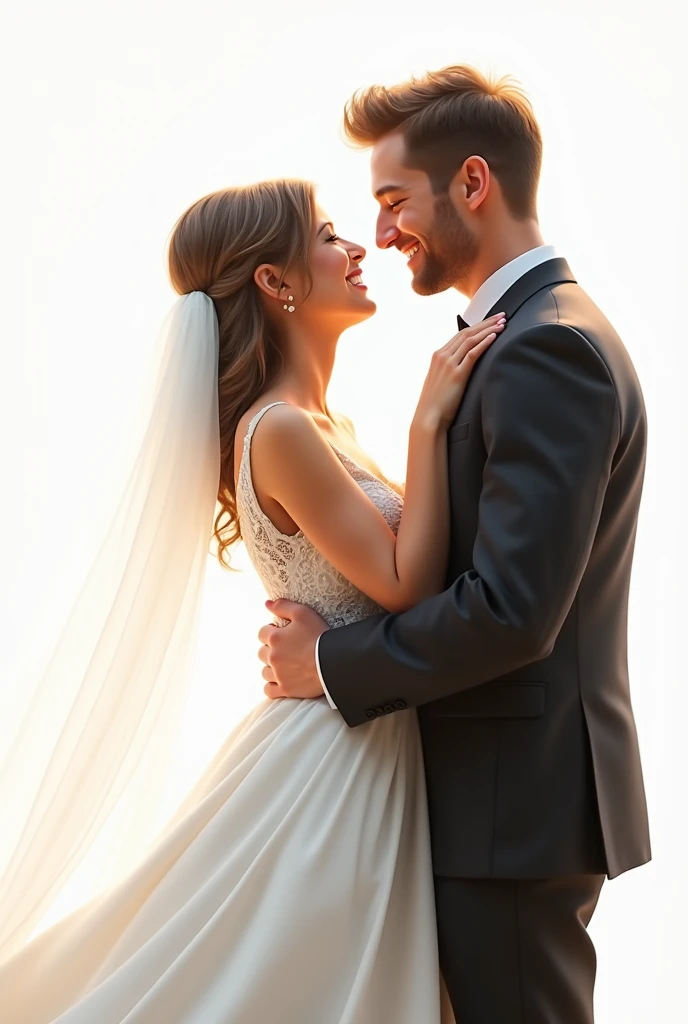 The bride and groom are smiling at each other, with a white background behind them.