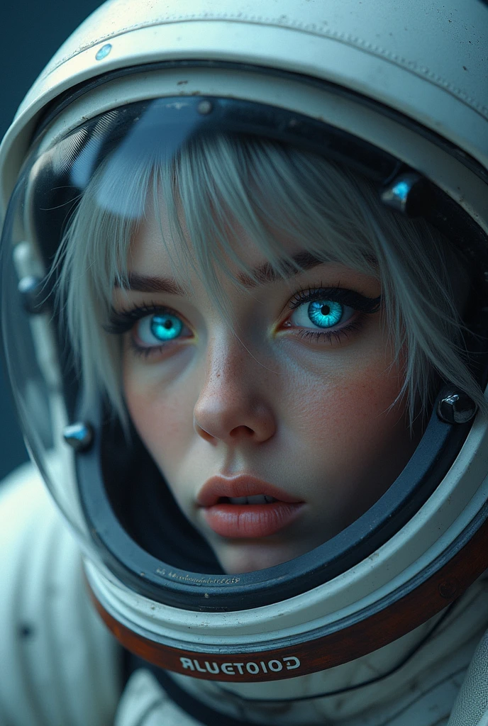 (Close-up of a better masterpiece:1.5)0.9], (Space and astronauts:1.2) (Messy silver hair:1.1) (Heterochromia xanthochromia and blue eyes:1.pace Helmet:1.0) (Colored stars in the eyes:1.0) (A radiant glow:1.1) (thick lips:0.9)