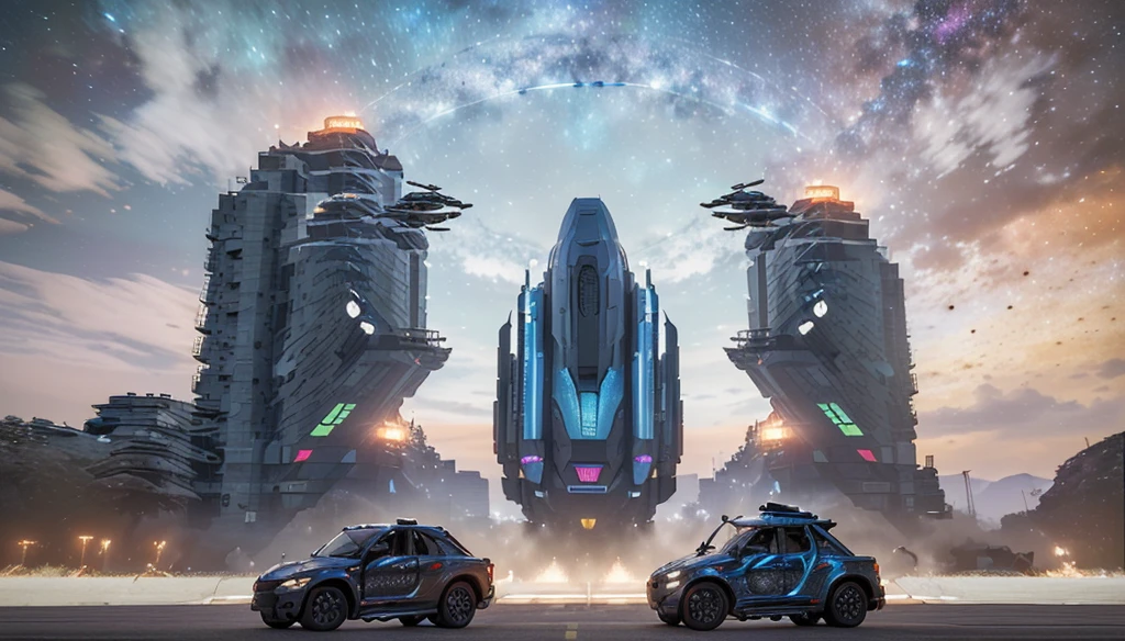 (The fighter mech is huge, realistic, realistic, fully displayed on the front side and back, rich in specific details, very three-dimensional: 1.2, can travel to and from the universe, design style, color matching is outstanding, cab details are perfectly displayed, the background is cosmic galaxy)