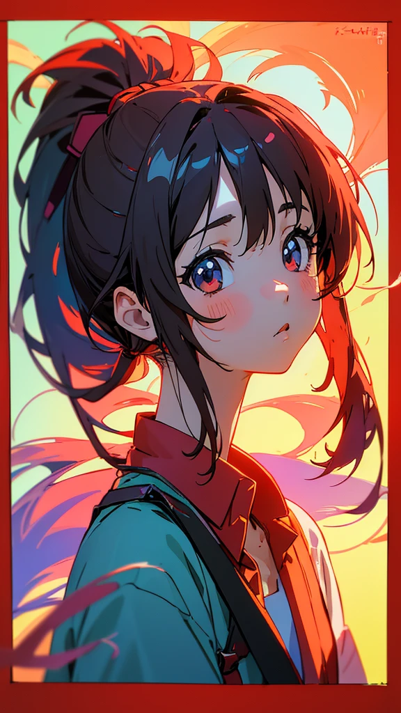 Anime Girls with ponytail and red shirt and suspenders, pretty Anime Girls, cute Anime Girls, (Anime Girls), an Anime Girls, Anime Girls, cute Anime Girls portraits, attractive Anime Girls, cute Anime Girls portrait, portrait Anime Girls, young Anime Girls, Cute girl anime visuals, beautiful Anime Girls, portrait of an Anime Girls, Anime Girls with long hair