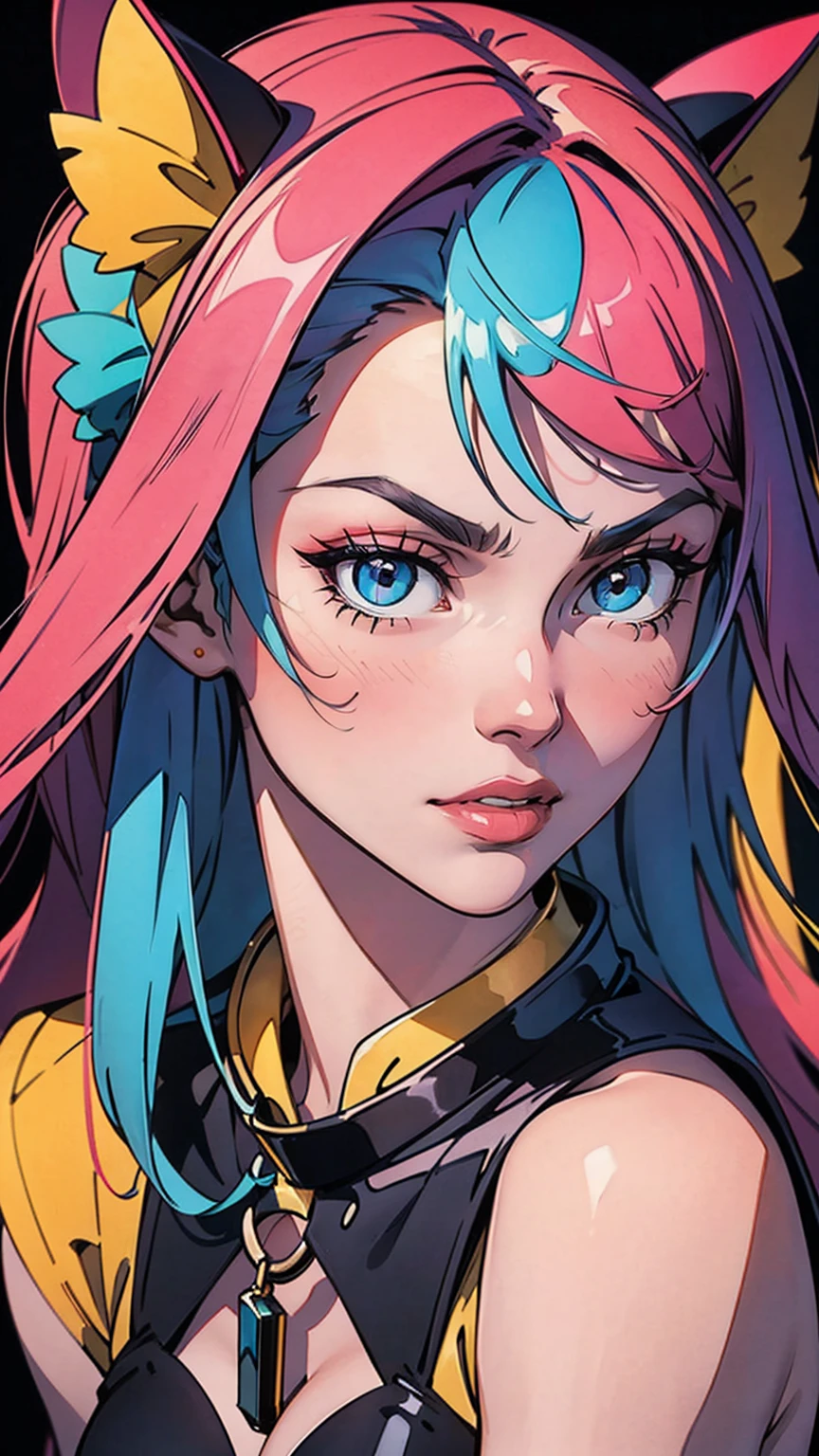 Create a high-resolution image of an anime girl with colorful hair and a vibrant outfit, displaying her unique personality. --auto
