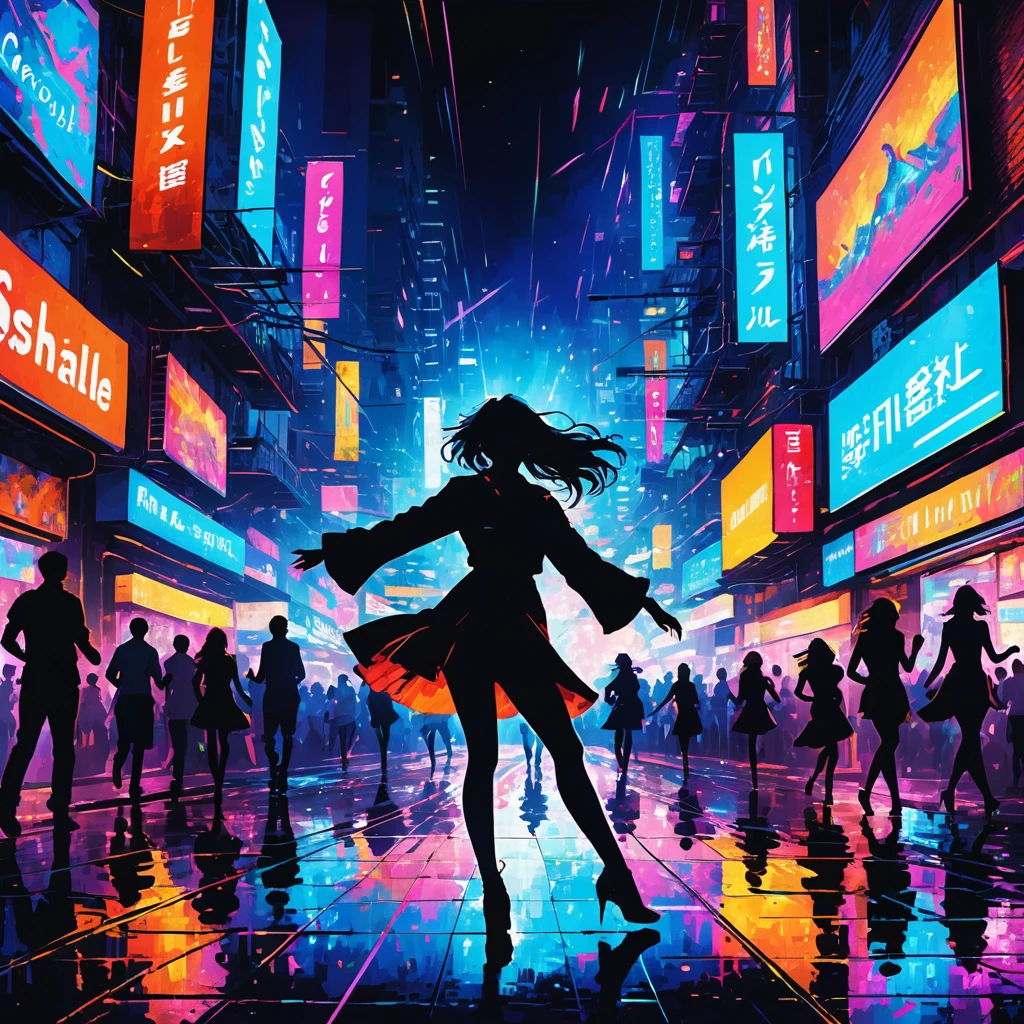 An electrifying city nightlife scene with vibrant neon lights against a dark backdrop. The streets are filled with energy, capturing the pulse of the music and movement. A dynamic silhouette runs through the illuminated streets, embodying the thrill and excitement of the nightlife. Laser beams and light echoes fill the air, creating a sense of endless motion and vitality. The atmosphere is one of freedom and exhilaration, emphasizing themes of music, dance, and the vibrant rush of the city night.
