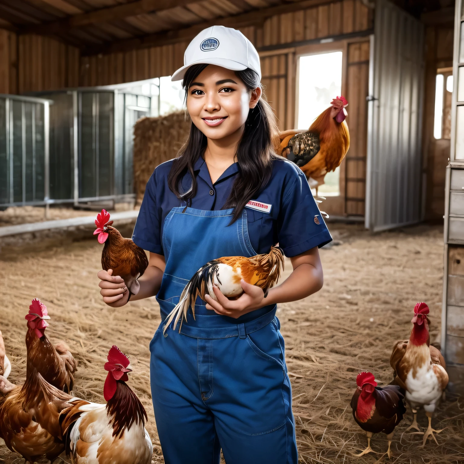 araffe worker in white uniform holding a rooster in a chicken farm, local conspirologist, rooster, the chicken man, chicken, chicken feathers, chickens, quack medicine, anthropomorphized chicken, photo shot, stock image, rooster!!!!, wearing farm clothes, cover shot, illustration:.4, shutterstock, uploaded, photography shot
