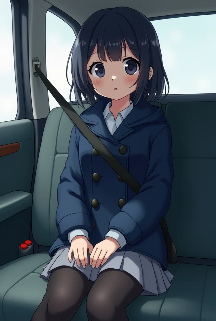 Focus on the face of a cute high school girl,Full body shot of school girl sitting in the passenger seat of a japanese car with a seatbelt looking at me, placing her hands on her knees, wearing a dark blue duffle coat and grey pleated skirt and black tights, in the style of sōsaku hanga, grey academia, soft, palewave, dark azure and gray, multiple styles, mommy rb67