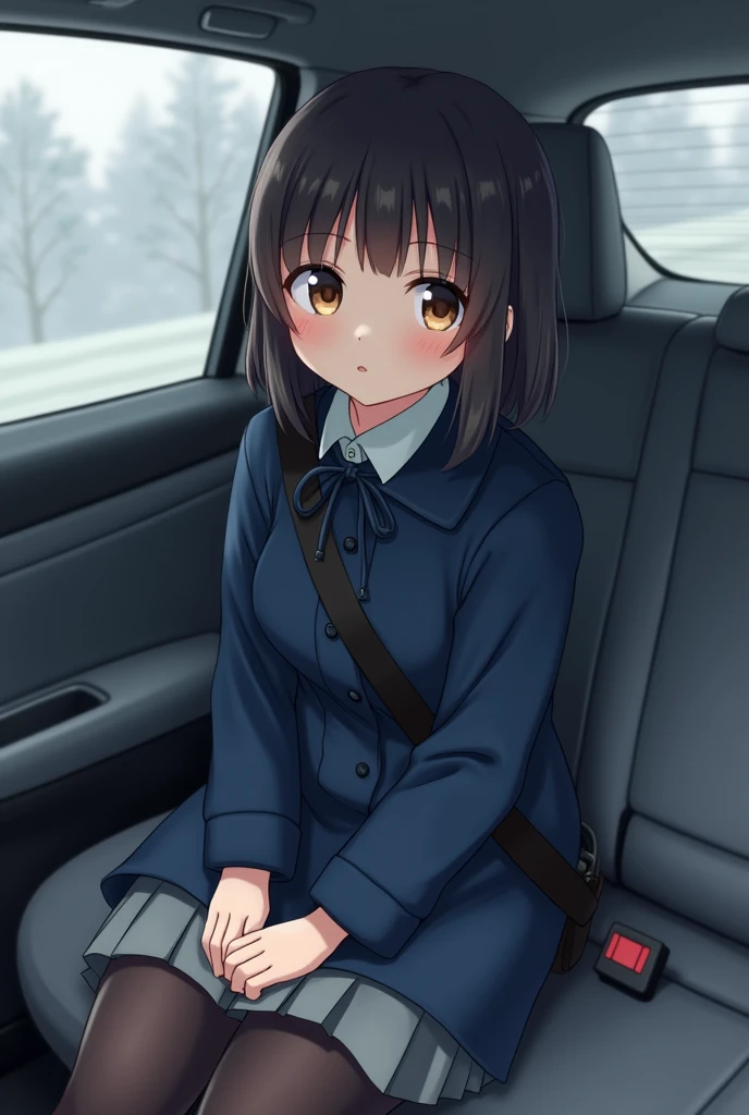 
Focus on the face of a cute high school girl,Full body shot of school girl sitting in the passenger seat of a japanese car with a seatbelt looking at me, placing her hands on her knees, wearing a dark blue duffle coat and grey pleated skirt and black tights, in the style of sōsaku hanga, grey academia, soft, palewave, dark azure and gray, multiple styles, mommy rb67