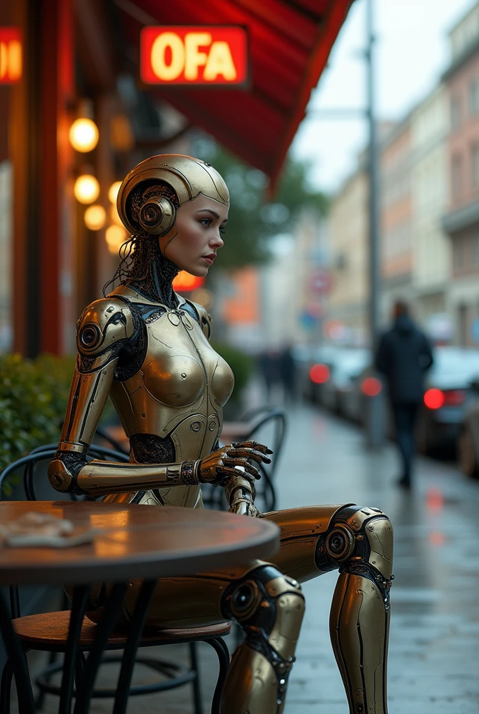 A cyborg girl sits at a table in a street cafe, Best quality, high quality, absurdity, happiness, masterpiece, Beautiful, complex parts, 1/2 body trimmings, slender body, Beautiful figure, Magnificent Anatomy, (complex parts:1.12), HDR, (complex parts, hyperdetailing:1.15), (natural skin textures, hyperrealistic, soft light, spicy:1.2)
