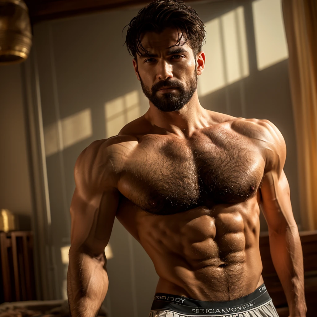 [Core Concept] a muscular, handsome, sexual men, with a physique that exudes raw power and sensuality.

[Character Description] The men have a chiseled, hairy chest and a well-defined, muscular physique. His face is rugged and realistic, with piercing eyes and a strong jawline. The men has muscular arms and legs are prominently displayed, showcasing his impressive physical prowess.he has an open shirt and a tie showing his muscle and big hairy chest bwhit prominent and hard nipples.

[Environment/Background] The scene takes place at day, with dramatic lighting that casts shadows and highlights the men's form. The background is light and atmospheric, creating a sense of joy and sensual vives.

[Style and Atmosphere] The overall aesthetic is realistic and photorealistic, with a level of detail and clarity that brings the scene to life. The lighting and color palette are vivid and evocative, lending an erotic and sensual tone to the image.

[Composition] The men is the central focus of the composition, with his muscular bodys and intimate attire commanding the viewer's attention. The image is framed to accentuate their physique.

[Details and Embellishments] The men's tight, revealing underwear and the subtle hint of an erection add an intimate and sensual element to the scene, heightening the sexual and erotic atmosphere.

[Technical Specifications] The image is rendered in high resolution (4K or 8K), with exceptional detail and clarity. The use of physically-based rendering and ultra-fine painting techniques result in a stunning, photorealistic quality.