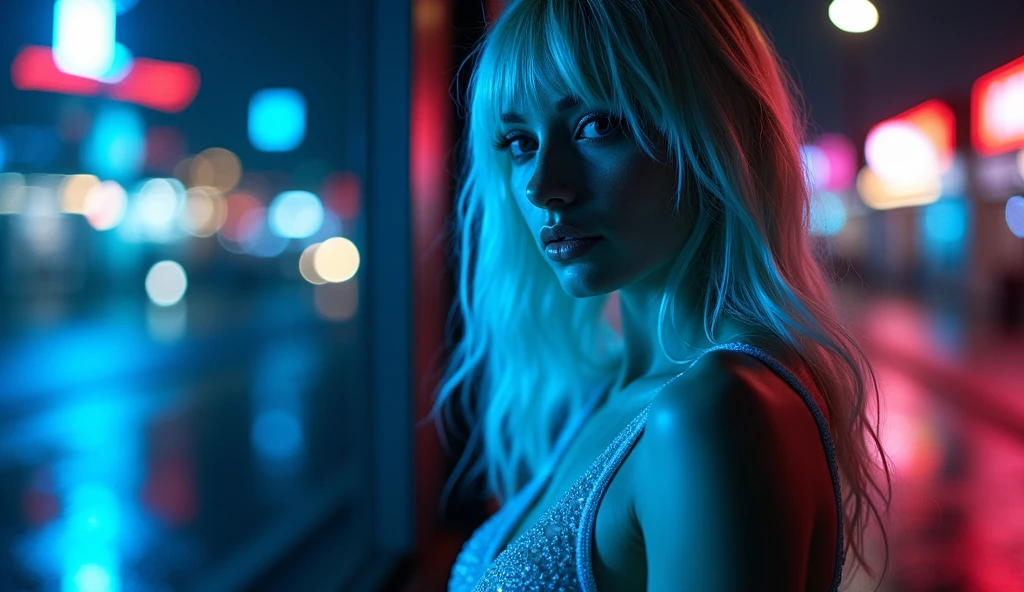 ((best quality)), ((masterpiece)), (detailed), ((background Cyber)), wet look, ((blond long Hair)), ((Intricate detailing, in the night time, Contre-Jour, random neon color, View from afar, random pose, blue latex bodysuit, face focus, hell picture, light face, big boobs)), (face brightly lit), ((full body view)), 8k