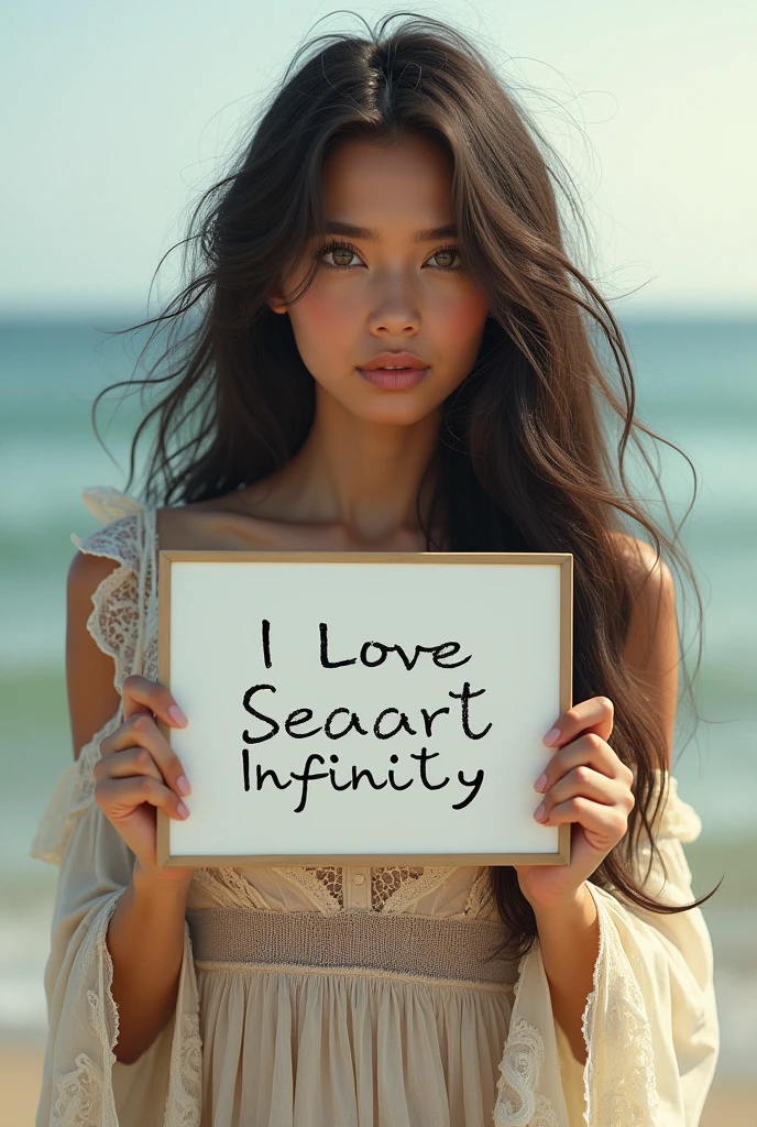 Beautiful girl with wavy long hair, bohemian dress, holding a white board with text "I Love Seaart Infinity" and showing it to the viewer