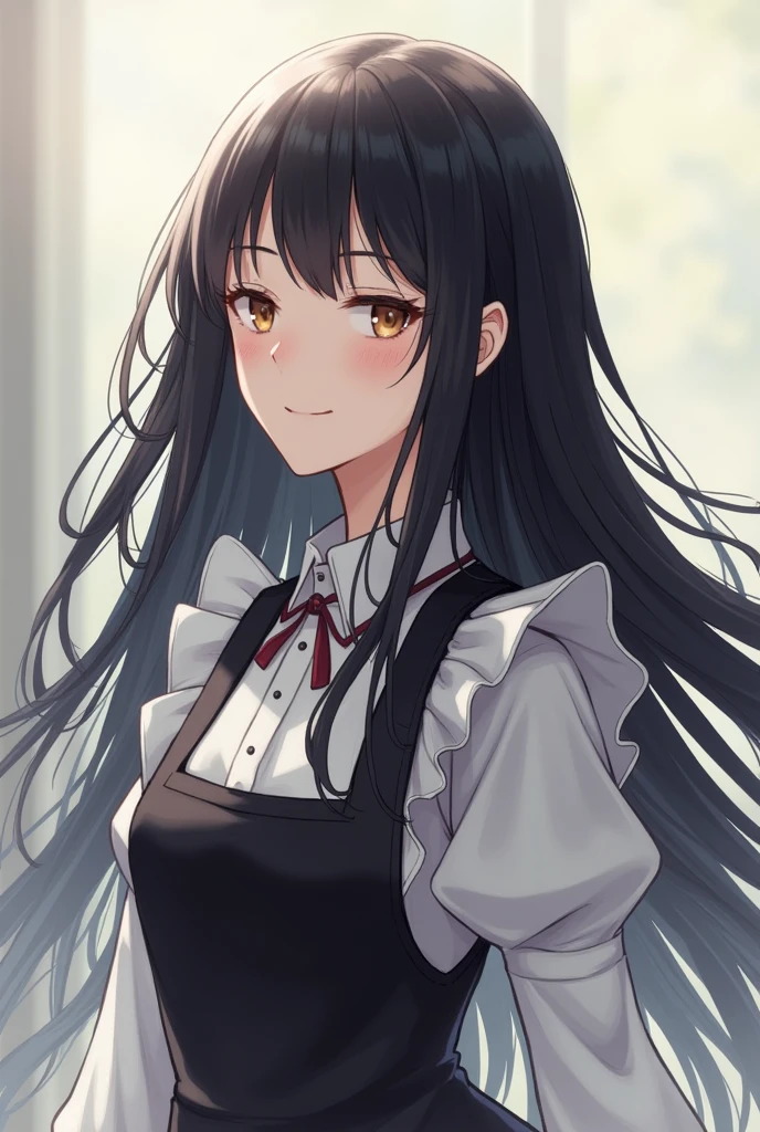 A black-haired maid with her eyes closed。Smiling